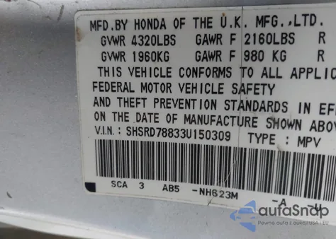 2003 Honda Cr-V Ex из США, поврежденный, VIN SHSRD78833U150309